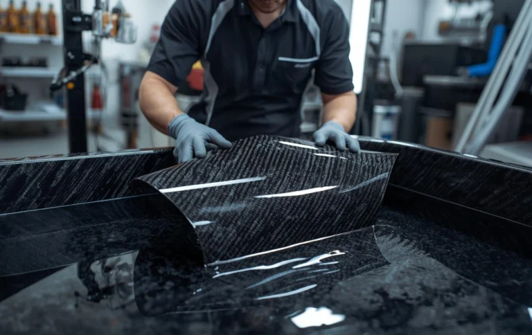 Hydro dipping process in Hyderabad applying carbon fiber pattern on car interior trim using water transfer printing