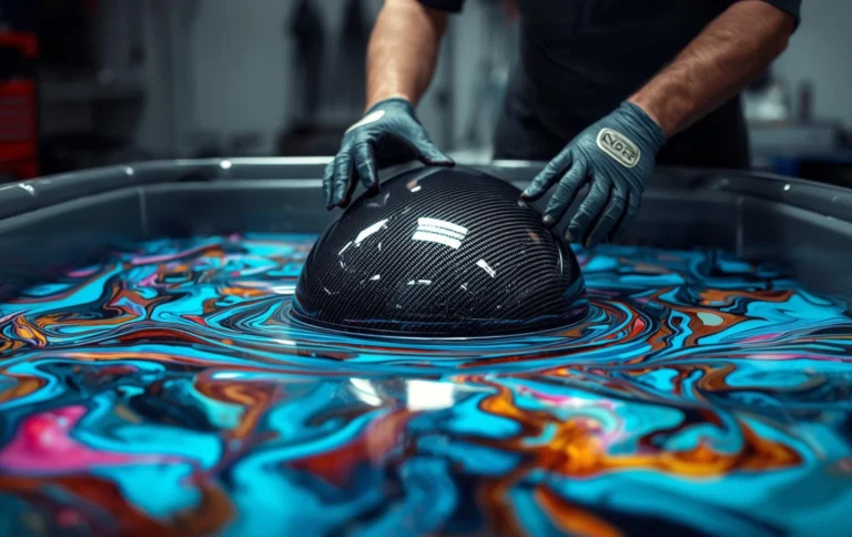 Technician performing hydro dipping process on a car mirror cover using hydrographic water transfer printing in an automotive customization studio.