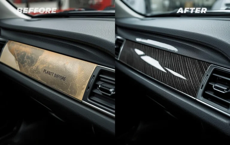 Before and after hydro dipping comparison of car part with carbon fiber finish