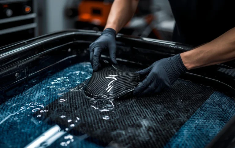 Hydro dipping process in Hyderabad applying carbon fiber hydro graphics pattern on car interior trim