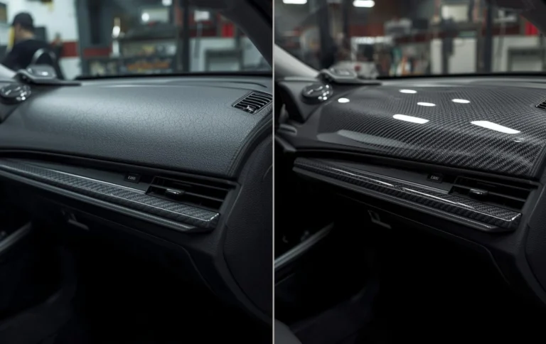 Before and after hydro dipping transformation of car interior trim from plain plastic to carbon fiber finish