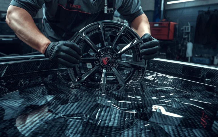 Technician performing hydro dipping process on car alloy wheel using carbon fiber hydro graphics film in water tank