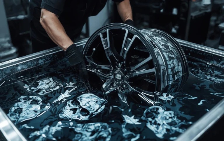 Technician performing hydro dipping process on alloy wheel with custom skull and camouflage patterns in hydro graphics tank