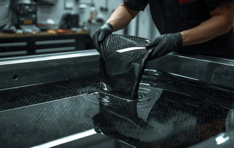 Technician performing hydro dipping process on car dashboard trim with carbon fiber pattern in hydro graphics tank