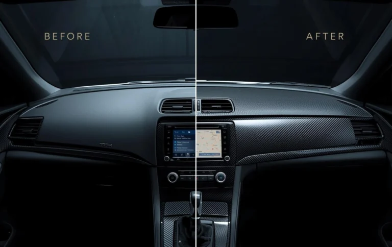 Before and after car dashboard trim showing plain plastic panel transformed into carbon fiber hydro dipped finish