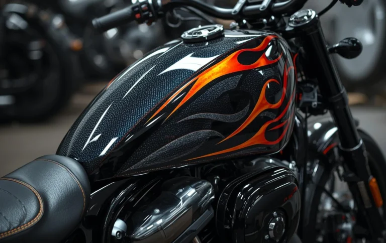 Hydro dipped motorcycle fuel tank with custom flame graphics design for bike customization