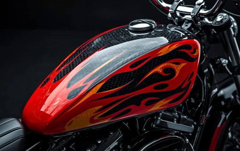 Bike tank hydro dipping designs with carbon fiber and flame finish in premium detailing studio