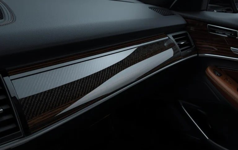 Hydro dipping for plastic parts with carbon fiber and wood grain finish in car interior