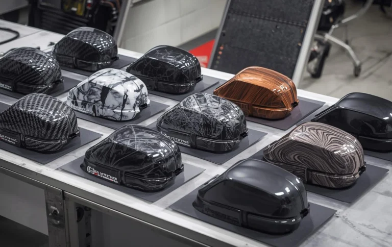 Technician performing hydro dipping on car mirror cover in professional automotive customization studio