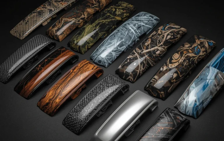 Different hydro dipping design patterns including carbon fiber, camouflage, marble texture and wood grain applied on automotive parts.