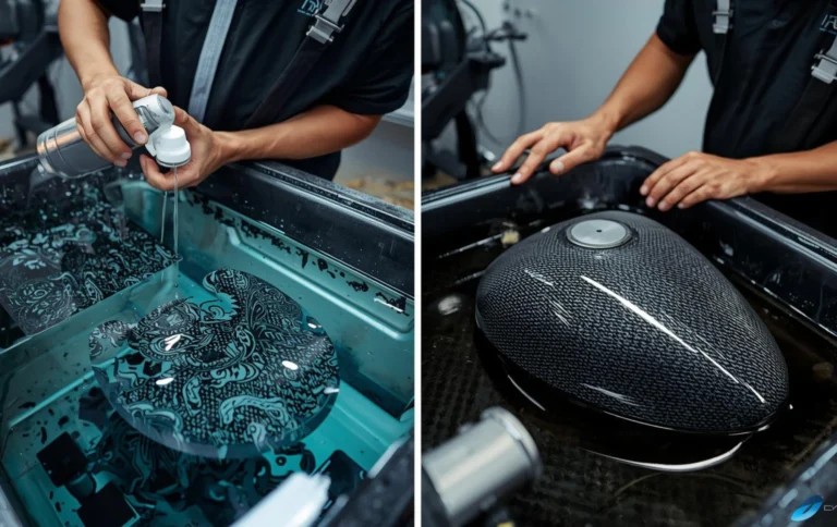 Technician performing hydro dipping on motorcycle fuel tank with carbon fiber hydrographic film