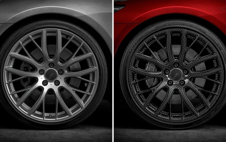 Before and after hydro dipping transformation of alloy wheel from plain silver finish to carbon fiber design