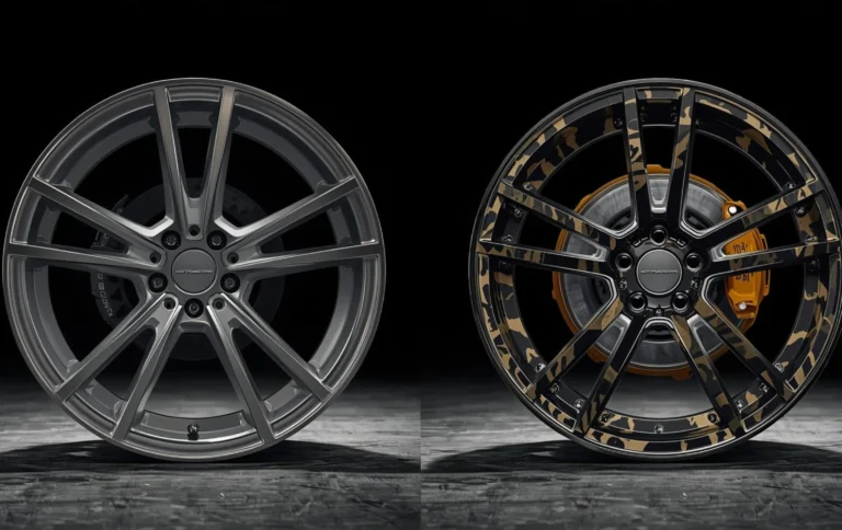 Before and after alloy wheel customization showing transformation from plain silver wheel to skull graphic hydro dipped wheel