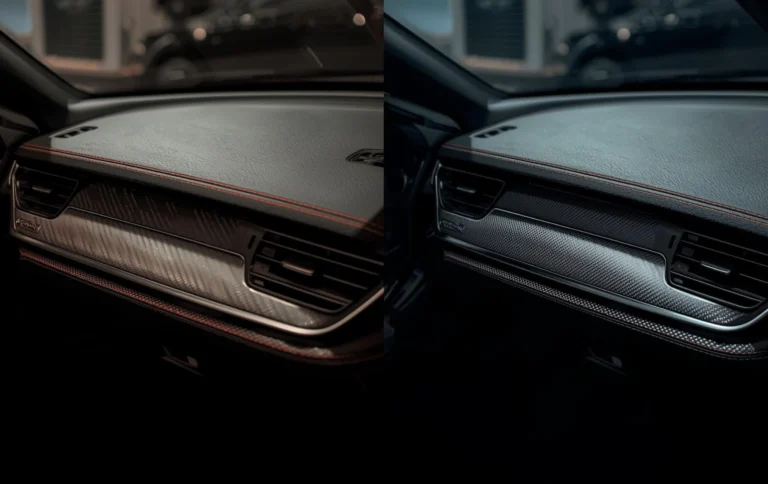 Before and after car interior trim showing faded plastic dashboard panel transformed with carbon fiber hydro dipped finish