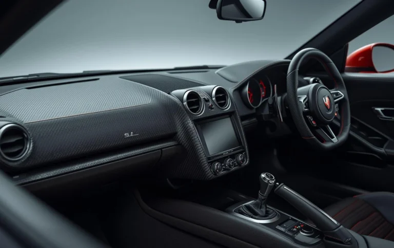 Luxury car interior featuring carbon fiber dashboard trim and center console panels