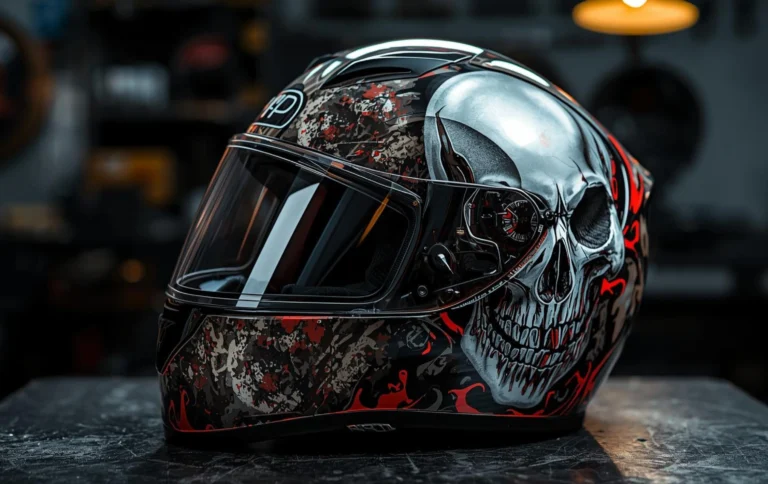 Motorcycle helmet customized with hydro dipping skull graphics and camouflage design