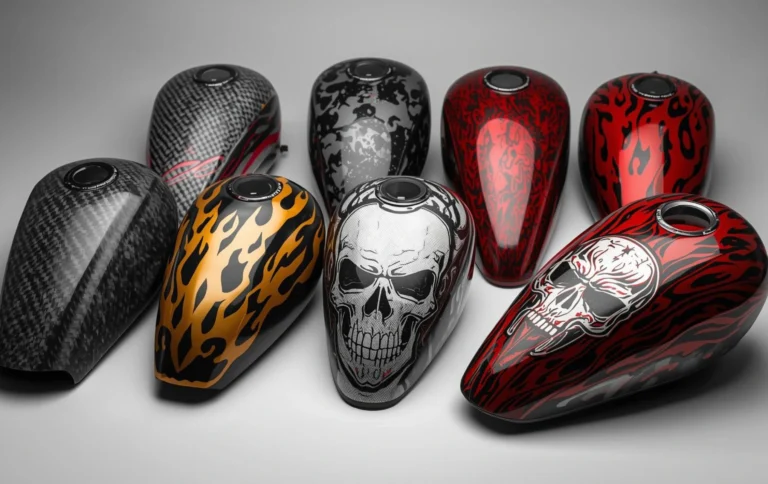 Different bike tank hydro dipping designs including camouflage, carbon fiber, flames and abstract textures