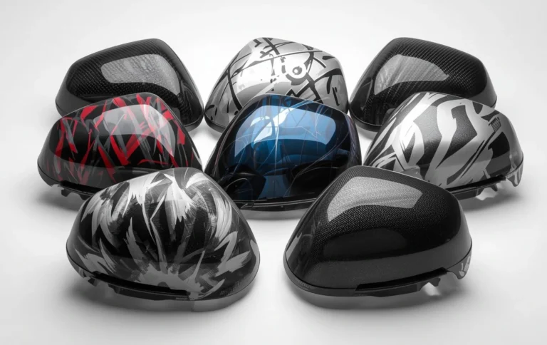 Different hydro dipping for mirror covers designs including carbon fiber camouflage and metallic textures