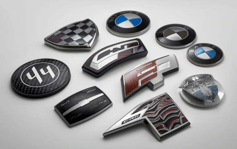 Different hydro dipping for car logos and badges designs including matte black carbon fiber and metallic finishes