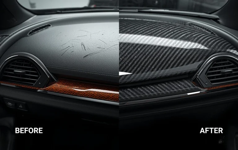 Before and after hydro dipping transformation of car dashboard trim with carbon fiber finish