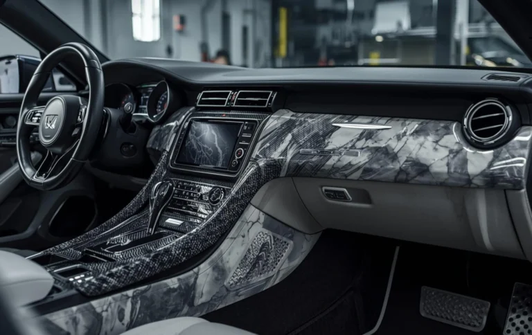 Car interior trims customized with hydro dipping patterns including dashboard panels, door handles and center console parts.