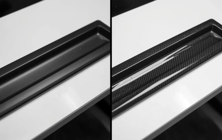 Before and after hydro dipping car interior trim showing carbon fiber finish customization