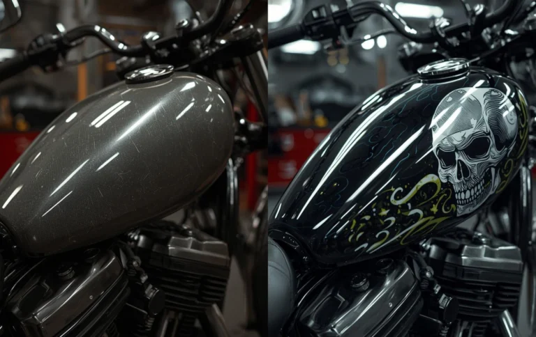 Before and after hydro dipping customization on motorcycle fuel tank with skull graphics