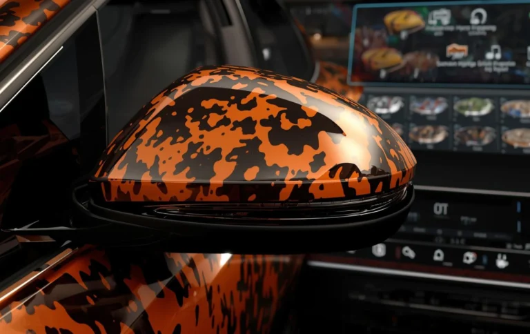 Camouflage hydro dipping design preview on car mirror caps