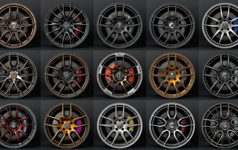Different hydro dipping patterns applied on alloy wheels including carbon fiber camouflage metallic and graphic designs