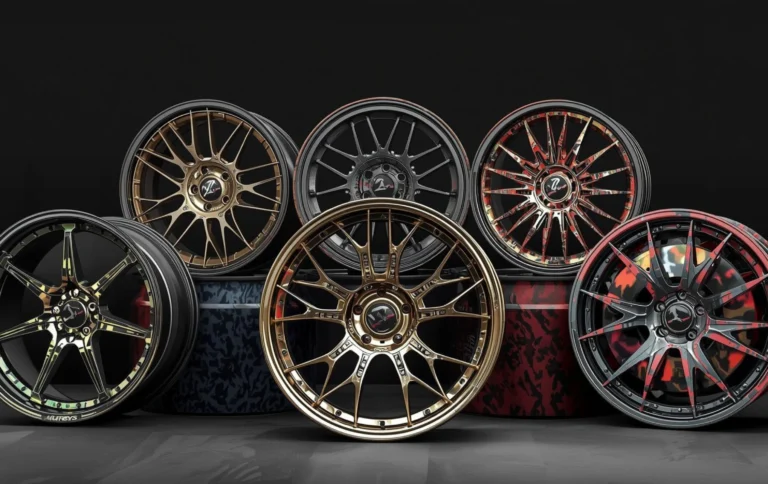 Alloy wheels featuring hydro dipped custom designs including skull graphics camouflage metallic textures and abstract patterns