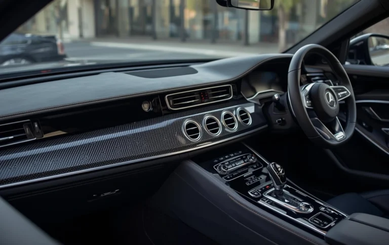 Luxury car interior dashboard with carbon fiber hydro dipped trim panels and center console accents