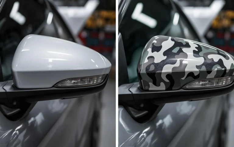Before and after hydro dipping car mirror caps with camouflage pattern
