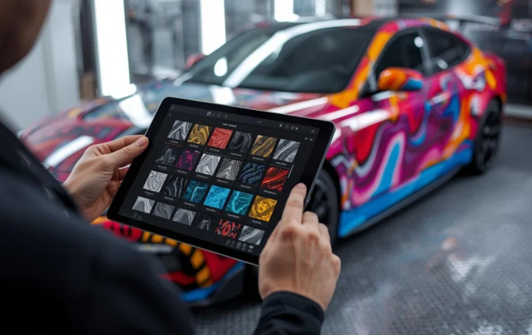Customer using tablet to try hydro dipping designs on car customization tool
