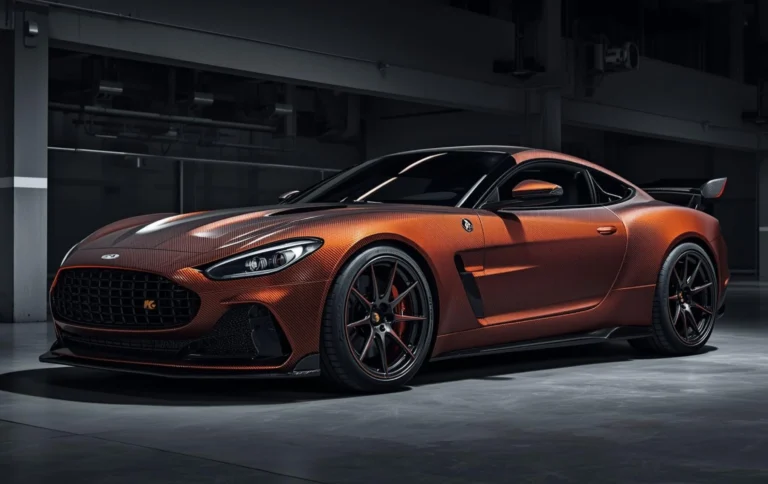 Luxury car with customized hydro dipped alloy wheels featuring carbon fiber pattern finish