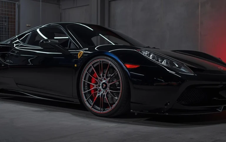 Sports car with customized hydro dipped alloy wheels featuring unique graphic patterns