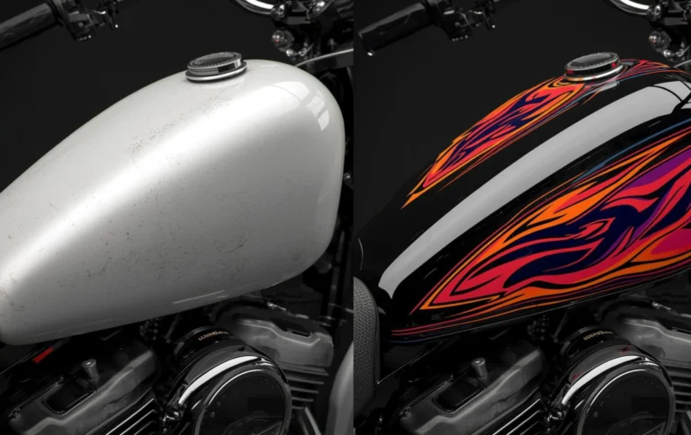 Before and after bike tank hydro dipping design transformation showing plain vs custom finish