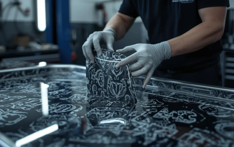 Hydro dipped car parts including mirror covers, dashboard trims and helmets with custom patterns