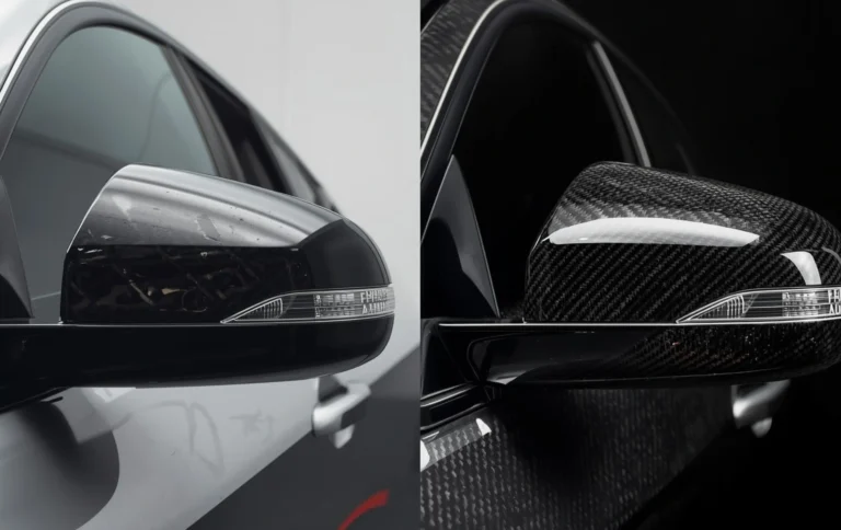 Before and after hydro dipping comparison of a car mirror cover showing transformation from plain plastic to carbon fiber finish.