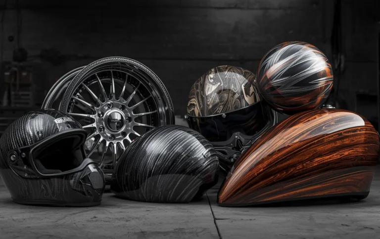 Hydro dipped automotive parts with carbon fiber camouflage and metallic patterns