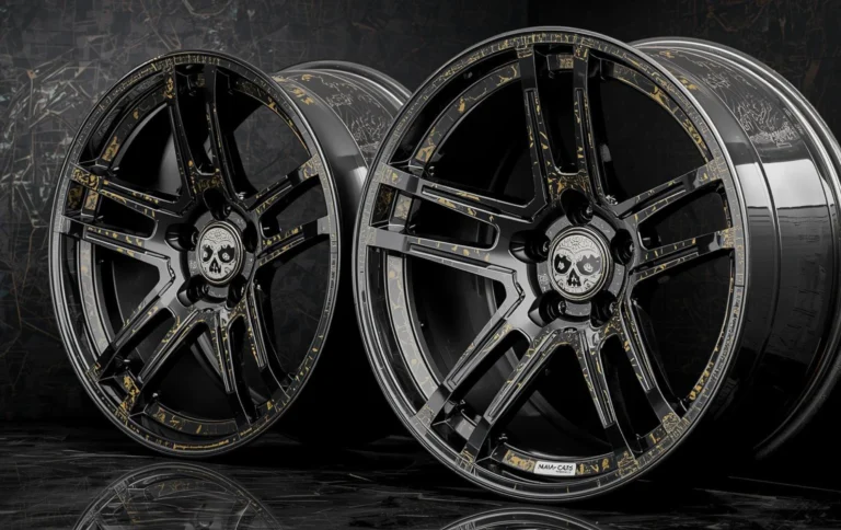 Finished hydro dipped alloy wheels with skull graphics camouflage textures and glossy clear coat finish