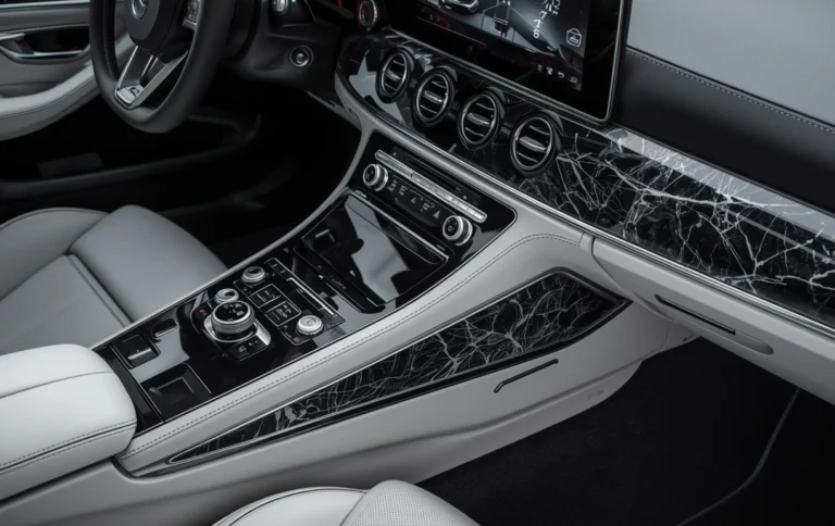 Modern car center console with marble texture hydro dipped interior trim panels