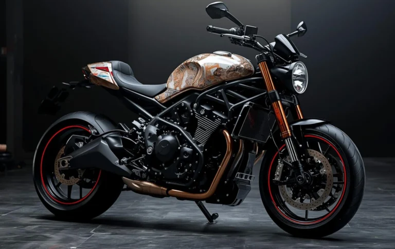 Motorcycle with custom bike tank hydro dipping design installed in premium finish