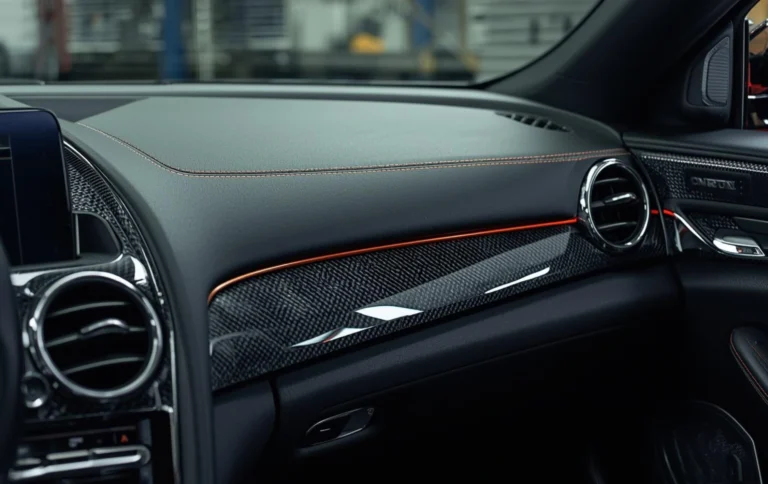 Luxury car interior with hydro dipped carbon fiber dashboard trims and glossy finish