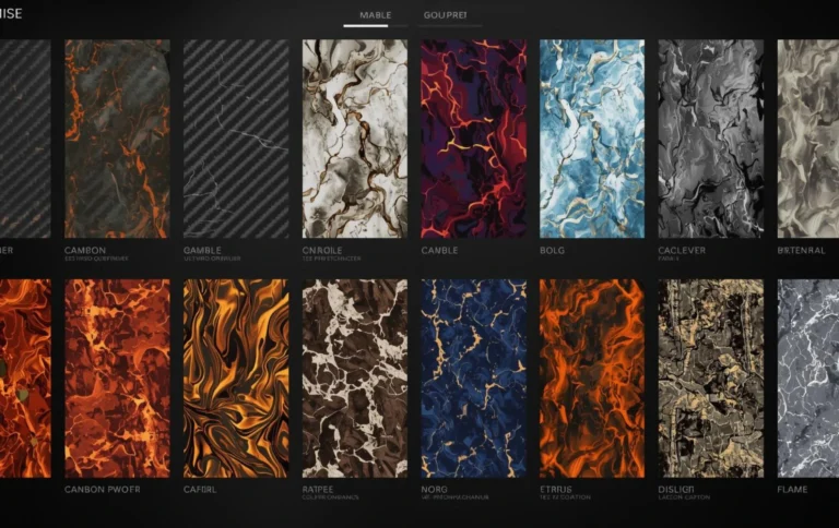 Hydro dipping pattern selection screen with carbon fiber camo marble and metallic textures