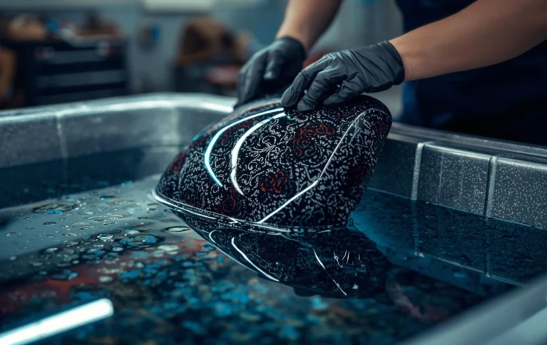 Car part being dipped into hydro dipping tank with carbon fiber design