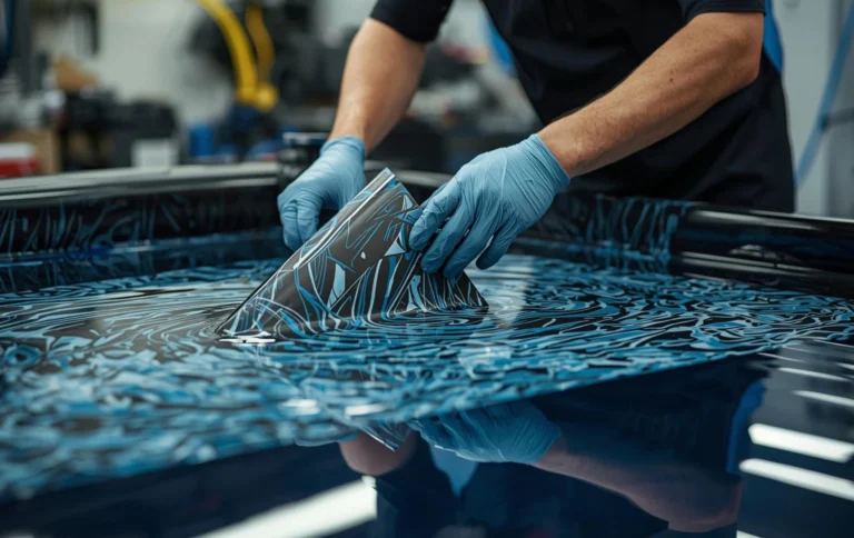 Technician performing hydro dipping process on car part in hydro graphics tank