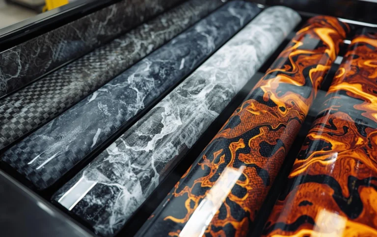 Hydro dipping film patterns including carbon fiber camouflage marble and metallic textures