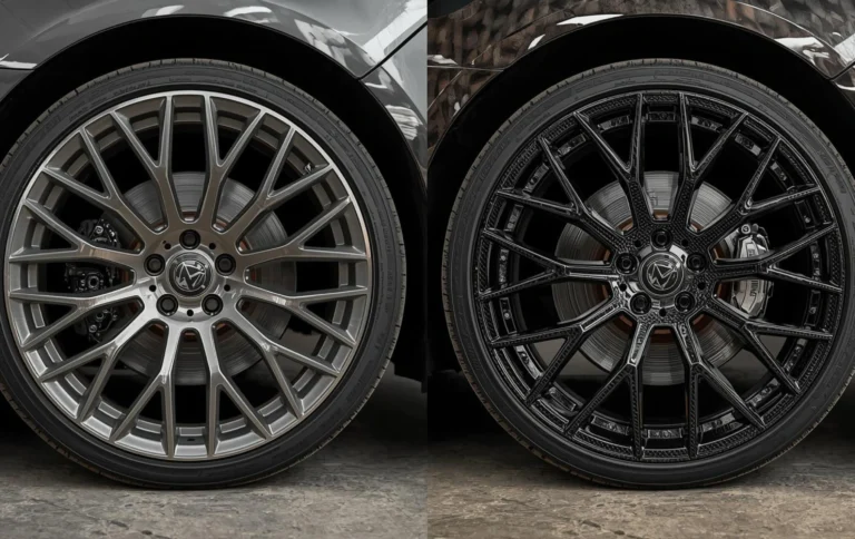 Before and after hydro dipping alloy wheels transformation showing stock vs customized design