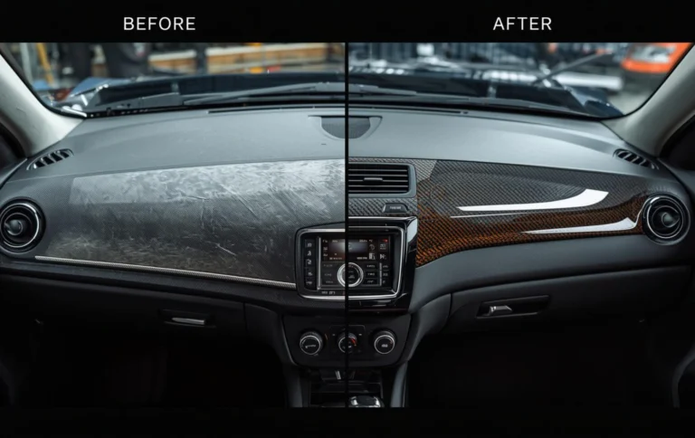 Before and after hydro dipping plastic interior parts showing faded vs premium finish