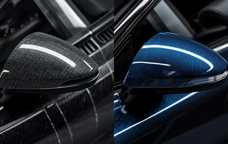 Hydro dipped car part vs vinyl wrapped part comparison showing texture and edges